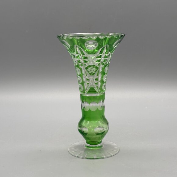 Vintage Emerald Green Cut-to-Clear Bohemian Crystal Vase Czech Overlay - Picture 2 of 10